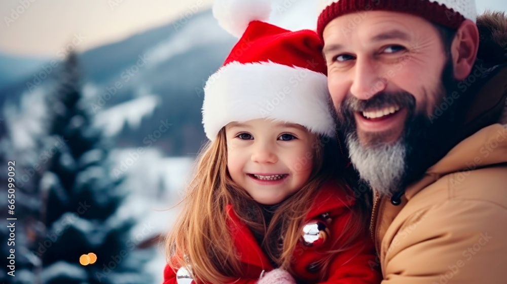 christmas new year snow concepthappy family Santa claus kid and bearded man at Christmas tree. New year small girl and man, fairytale. Xmas party celebration, fathers day. Ai generated