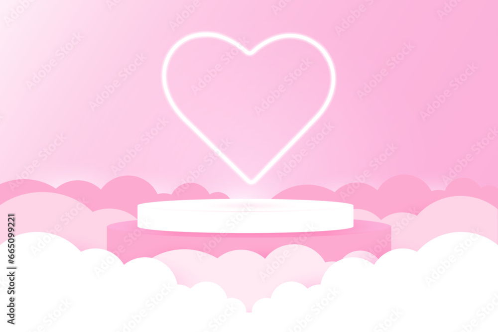 Valentine's Day 3D realistic pastel white pink podium with neon heart and paper cut clouds with backlight. Pastel vector pink background for  a love concept for Valentine's Day. Abstract geometric.