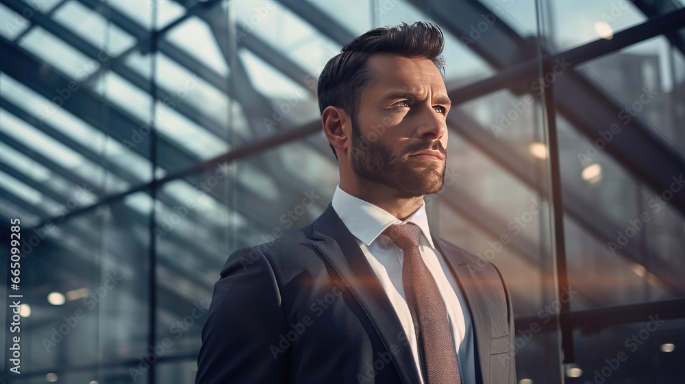 Portrait of a mid adult businessman in front of a modern glass building Portrait of a mid adult businessman in front of a modern glass building