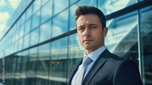 Portrait of a mid adult businessman in front of a modern glass building © Krtola 