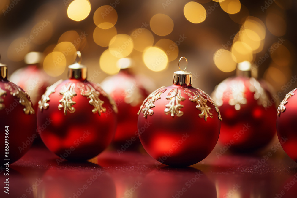 Red glossy Christmas baubles. New Year greeting card on blurred lights background. Generative AI Red glossy Christmas baubles. New Year greeting card on blurred lights background. Generative AI