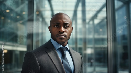 Portrait of a mid adult African American businessman in front of a modern corporate glass building © Krtola 