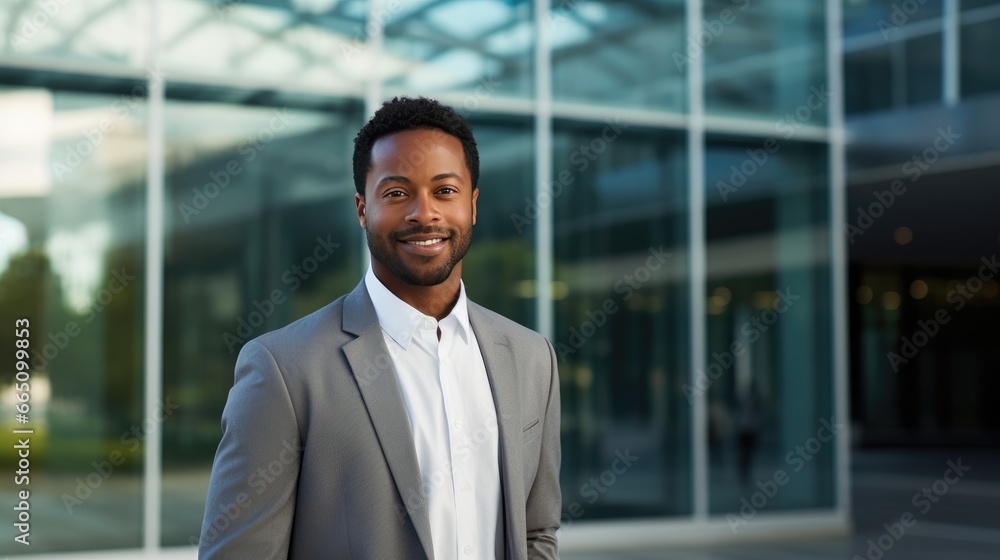 Portrait of a mid adult African American businessman in front of a modern corporate glass building Portrait of a mid adult African American businessman in front of a modern corporate glass building
