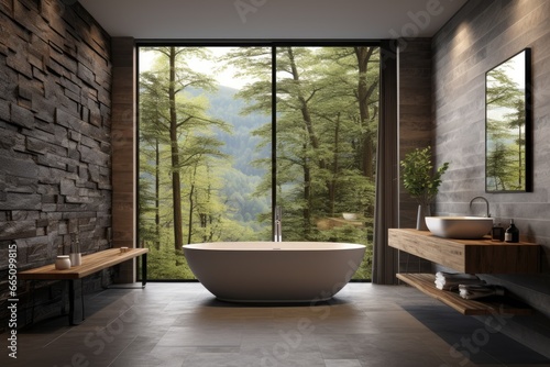 A spacious bathroom with a luxurious bathtub and ample natural light © pham