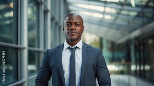 Portrait of a mid adult African American businessman in front of a modern corporate glass building