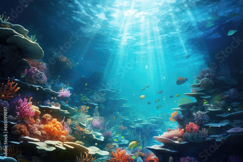 Underwater with colorful sea life fishes and plant at seabed background  Colorful Coral reef landscape in the deep of ocean. Marine life concept  Underwater world scene.