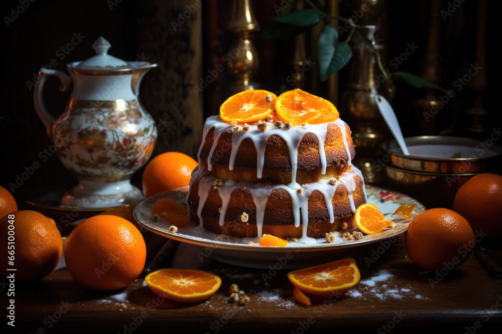 Orange cake with tangerines and icing, sugar cream over the top. Generative AI