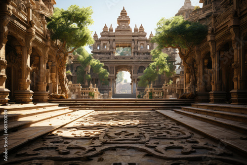A Jain temple with intricate carvings and statues, representing the beauty and complexity of Jain religious art. Concept of sacred art. Generative Ai.