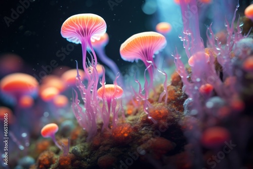 Jellyfish-like neon mushrooms as mossy makro illustration