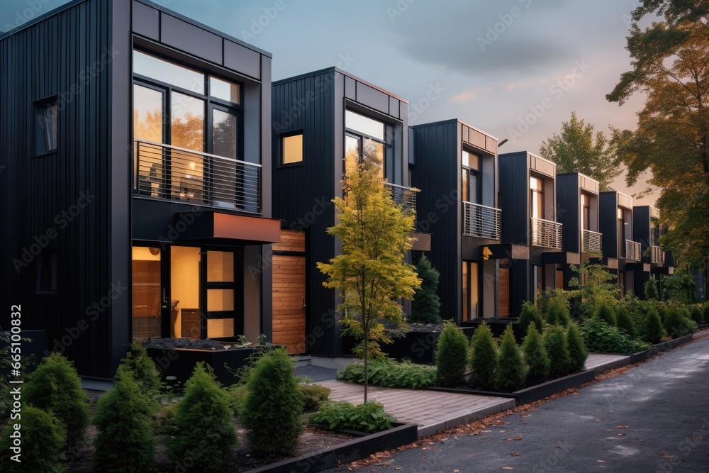 A lineup of sleek and modern black townhouses