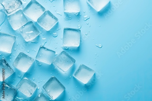 Cubes of ice and drops are isolated on the blue background with empty space.