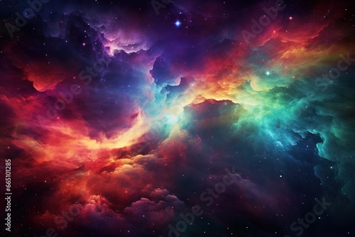 Rainbow neon colored space nebula floating in space