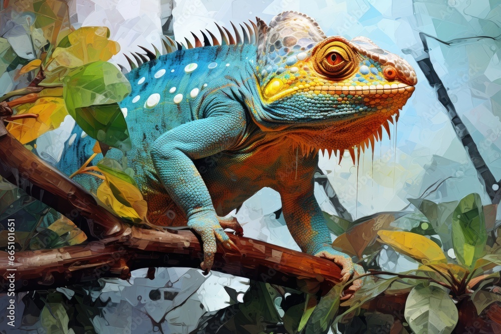 Fototapeta premium A vibrant reptile perched on a leafy branch