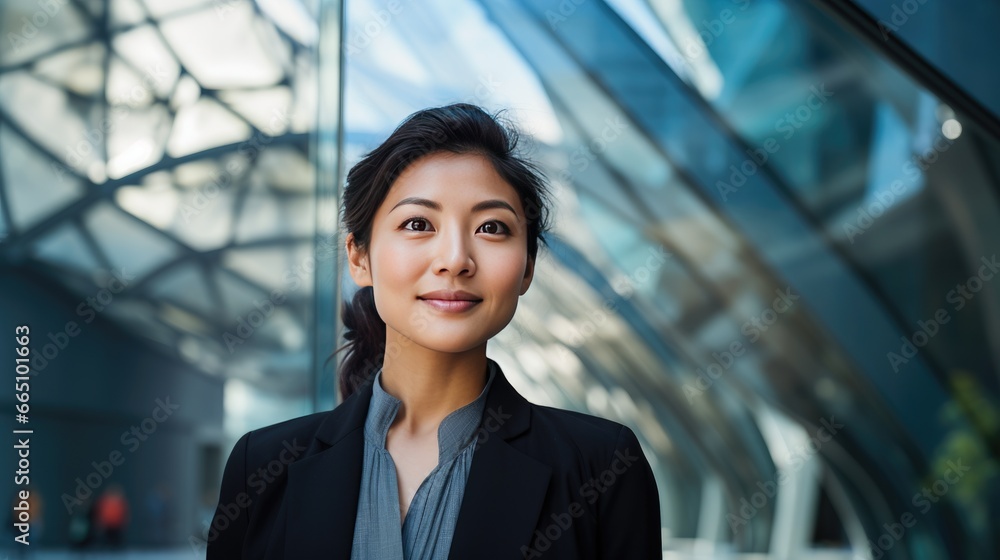 Portrait of a young Asian businesswoman in front of a modern corporate glass building Portrait of a young Asian businesswoman in front of a modern corporate glass building