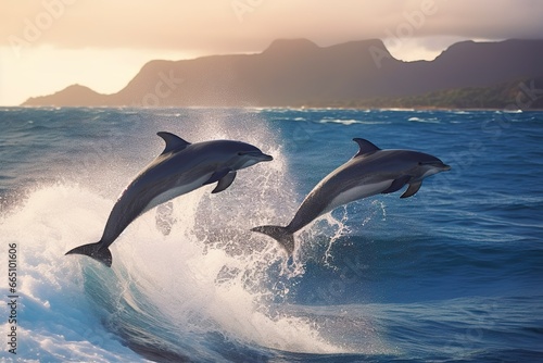 Playful dolphins jumping over breaking waves. Hawaii Pacific Ocean wildlife scenery. © Anowar