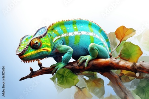 A colorful chameleon perched on a leafy branch © pham