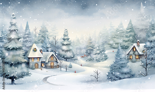 A painting of a snowy Christmas village in a winter wonderland. Watercolor painting. Christmas greeting card.