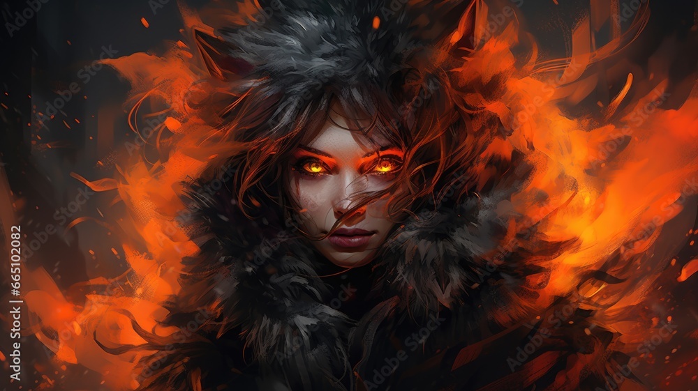 A mysterious woman with intense red eyes and a stylish black fur coat