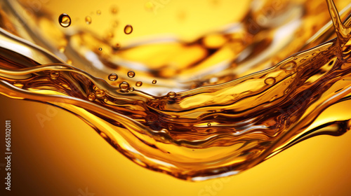 Close up macro of gold fluid engine oil or seed sunflower oil splash on a yellow background. 