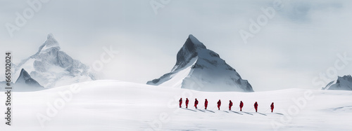Team of mountaineers walking in a row on mountain trail in winter. Generative AI photo