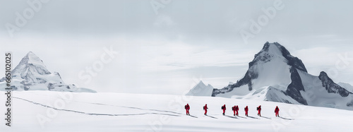 Team of mountaineers walking in a row on mountain trail in winter. Generative AI