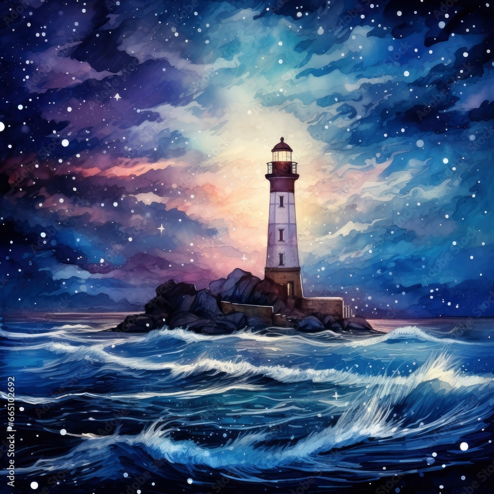 Lighthouse beside the sea at Night. watercolor for T-shirt design.
