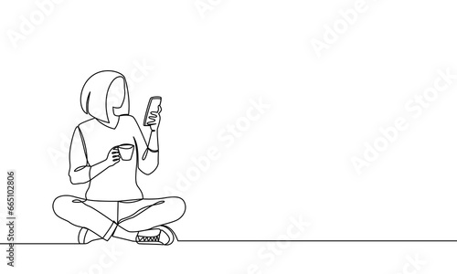 A woman sits on the floor with a cup of coffee and uses a smartphone. Blogger, social networks, applications. Vector illustration continuous line, line art, outline