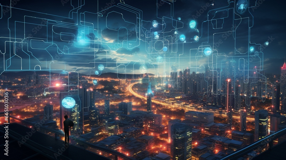 a breathtaking view of a digital world seamlessly integrated with IoT, where automation and connectivity enrich our lives with grace and precision.
