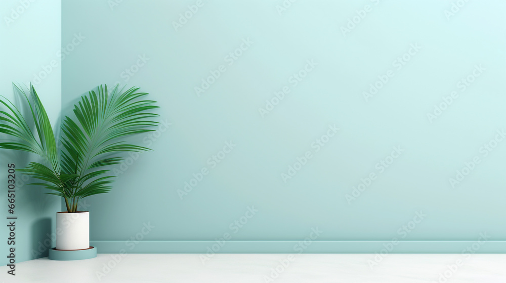 A minimalist interior design featuring a white vase and leaf on green pastel wall background, illuminated by light with copy space A minimalist interior design featuring a white vase and leaf on green pastel wall background, illuminated by light with copy space
