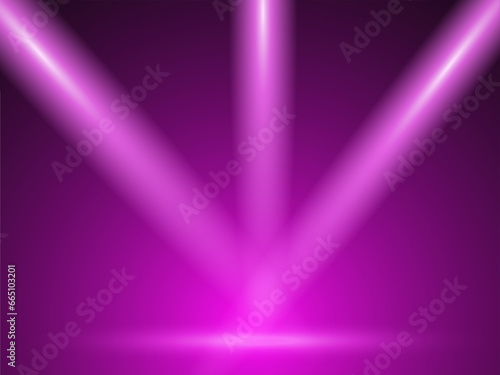 Purple spotlight. Set of bright lighting with spotlights of the stage with purple on transparent background. Light beam on violet stage.