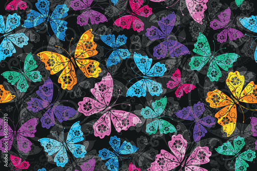 Vector fantasy seamless pattern with colorful butterflies on the dark background