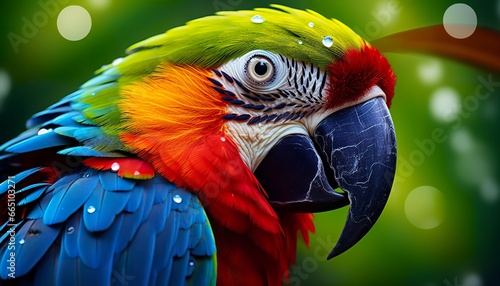 Tropical macaw perched, vibrant feathers in focus. photo