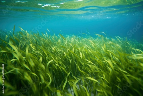 Underwater view of a group of seabed with green seagrass.