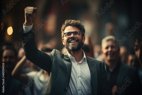 A charismatic leader rallying their team with enthusiasm and a compelling vision, representing the charismatic leadership style that inspires followers through personality and charm.  Generative Ai. © Sebastian