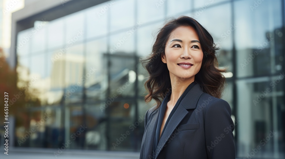 Portrait of a young Asian businesswoman in front of a modern corporate glass building Portrait of a young Asian businesswoman in front of a modern corporate glass building