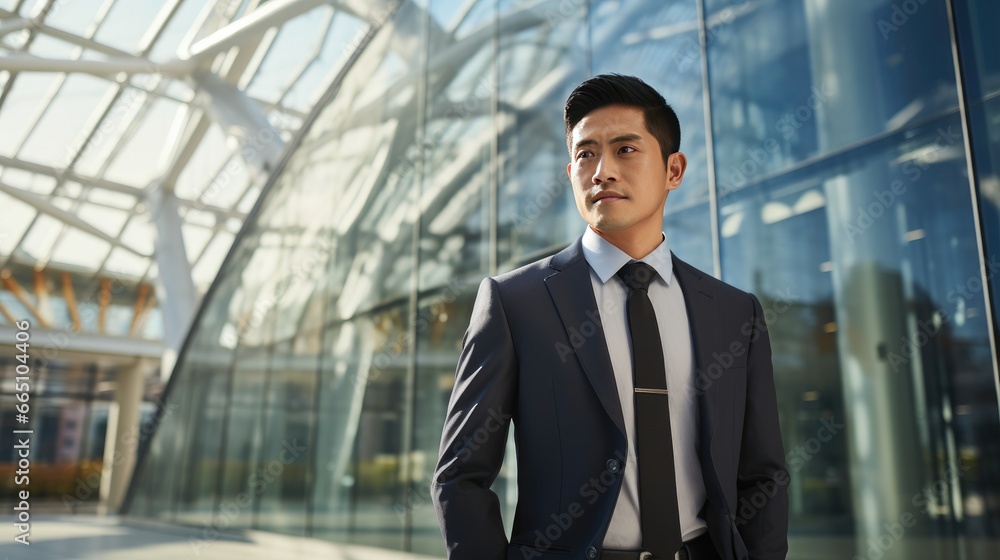 Portrait of a mid adult Asian businessman in front of a modern corporate glass building Portrait of a mid adult Asian businessman in front of a modern corporate glass building
