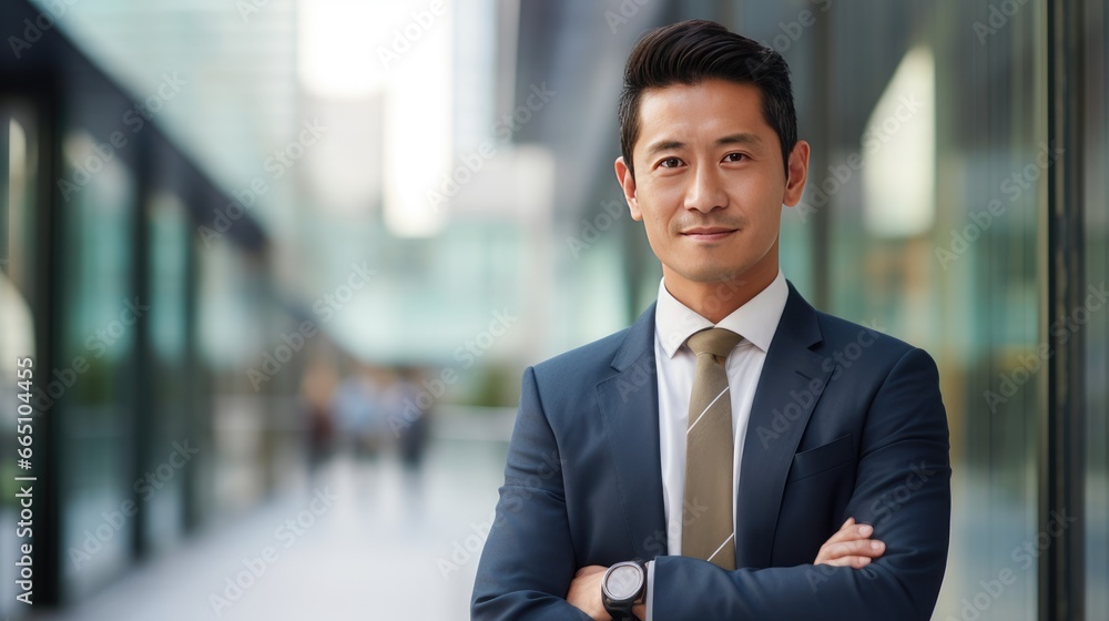 Portrait of a mid adult Asian businessman in front of a modern corporate glass building Portrait of a mid adult Asian businessman in front of a modern corporate glass building