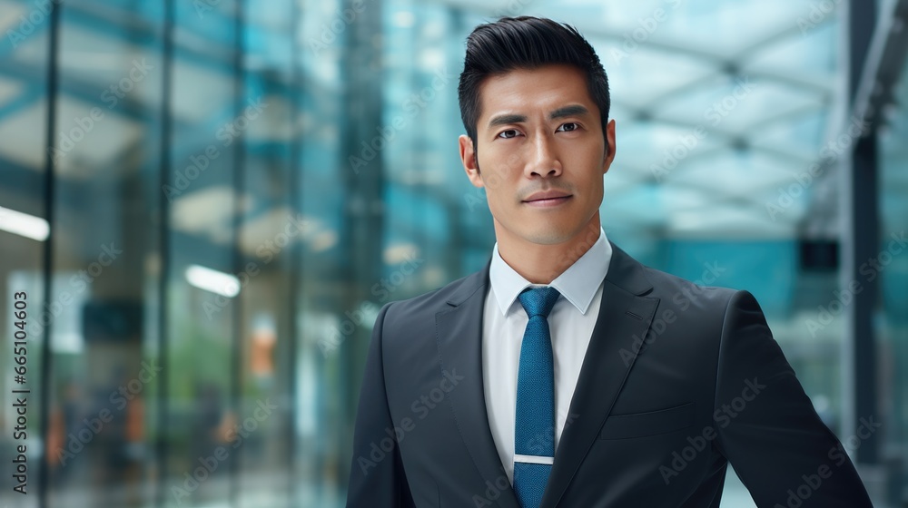 Portrait of a mid adult Asian businessman in front of a modern corporate glass building Portrait of a mid adult Asian businessman in front of a modern corporate glass building