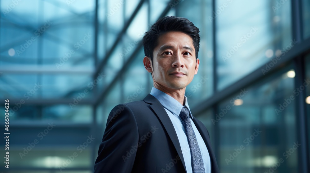 Portrait of a mid adult Asian businessman in front of a modern corporate glass building Portrait of a mid adult Asian businessman in front of a modern corporate glass building