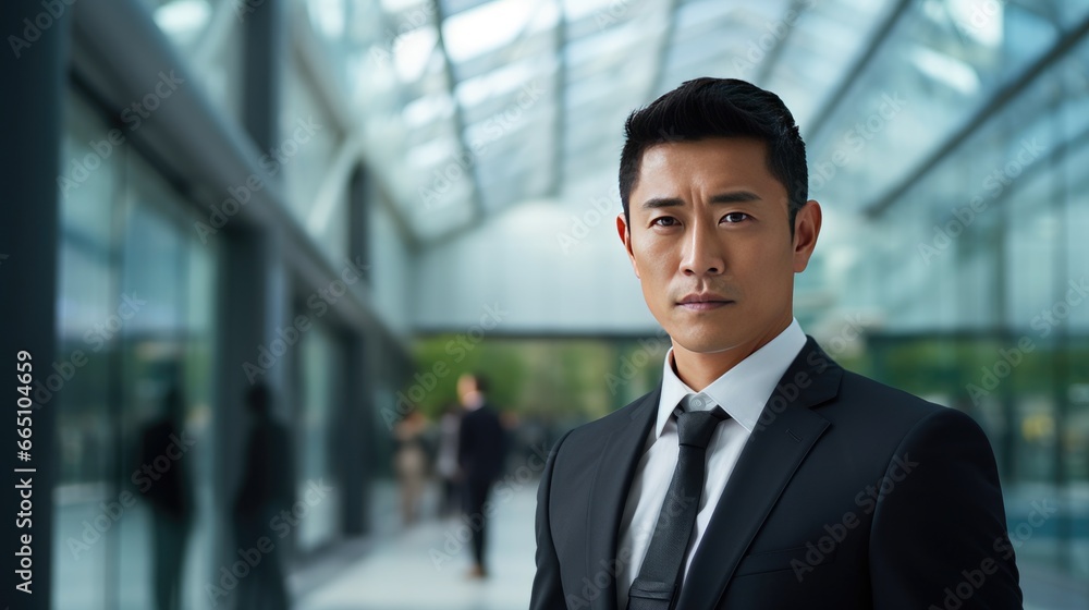 Portrait of a mid adult Asian businessman in front of a modern corporate glass building