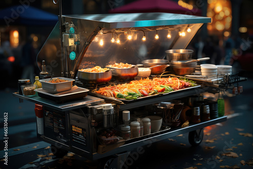 A street vendor selling international street food in a diverse urban neighborhood, showcasing the influence of global cuisine on local businesses. Concept of culinary globalization. Generative Ai.