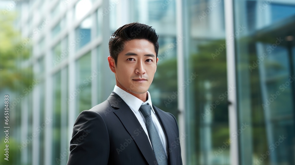Portrait of a mid adult Asian businessman in front of a modern corporate glass building Portrait of a mid adult Asian businessman in front of a modern corporate glass building