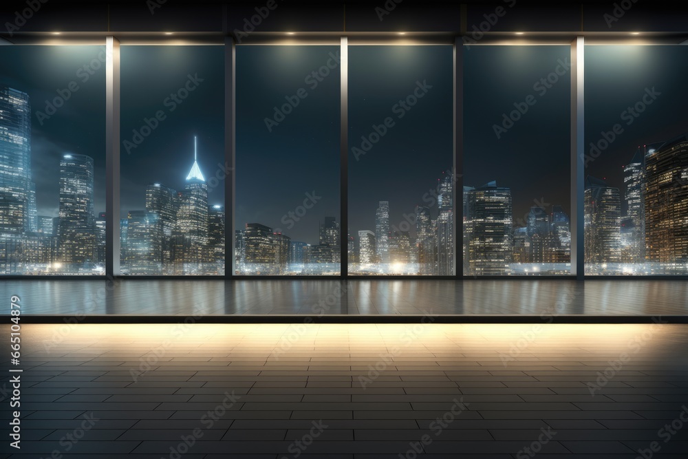 A spacious room with panoramic city views at night