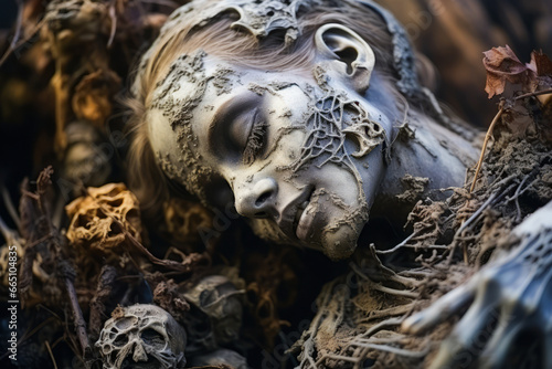 Decomposing woman s face  suited for horror or Halloween settings.