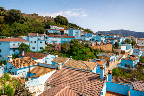 Juzcar town remarkable place all residential houses painted blue color located in region of Andalusia Spain photo