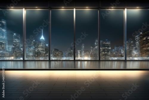 A spacious room with panoramic city views at night