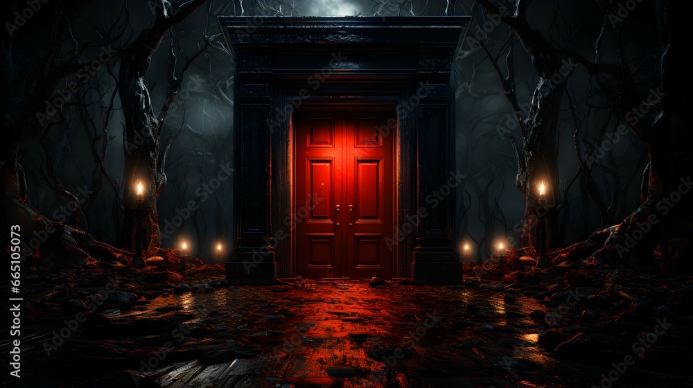 a red door in a scary room background - obrazy, fototapety, plakaty 