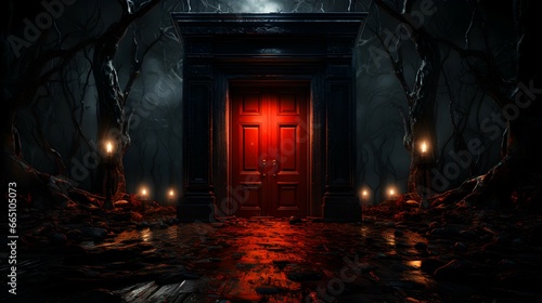 a red door in a scary room background photo