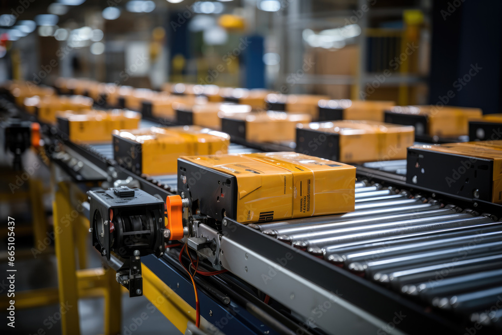 A high-speed conveyor belt transporting packages in a distribution facility, emphasizing the role of automation in logistics. Concept of conveyor systems. Generative Ai. A high-speed conveyor belt transporting packages in a distribution facility, emphasizing the role of automation in logistics. Concept of conveyor systems. Generative Ai.