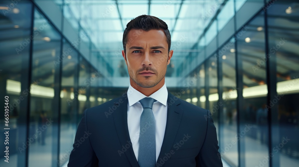 Portrait of a mid adult businessman in front of a modern glass building Portrait of a mid adult businessman in front of a modern glass building